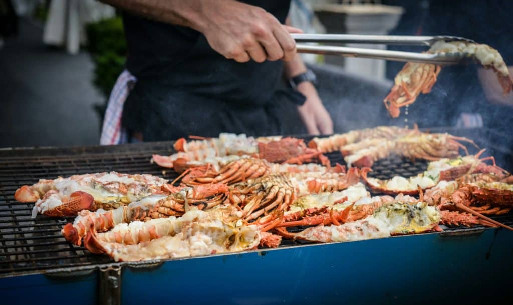 Lobsters on an outdoor BBQ
