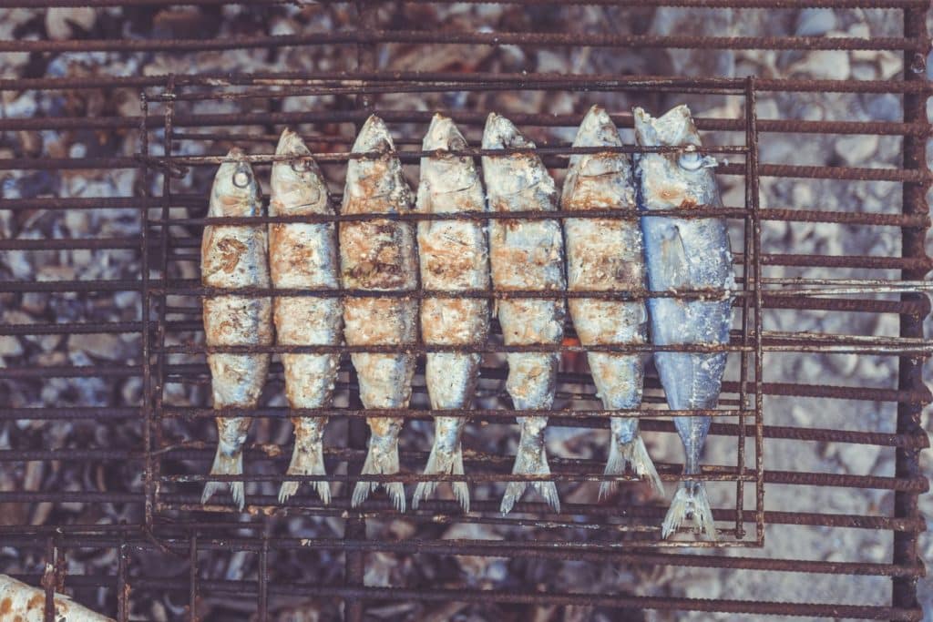 Grilled sardines over a fire at our surf camp in Portugal