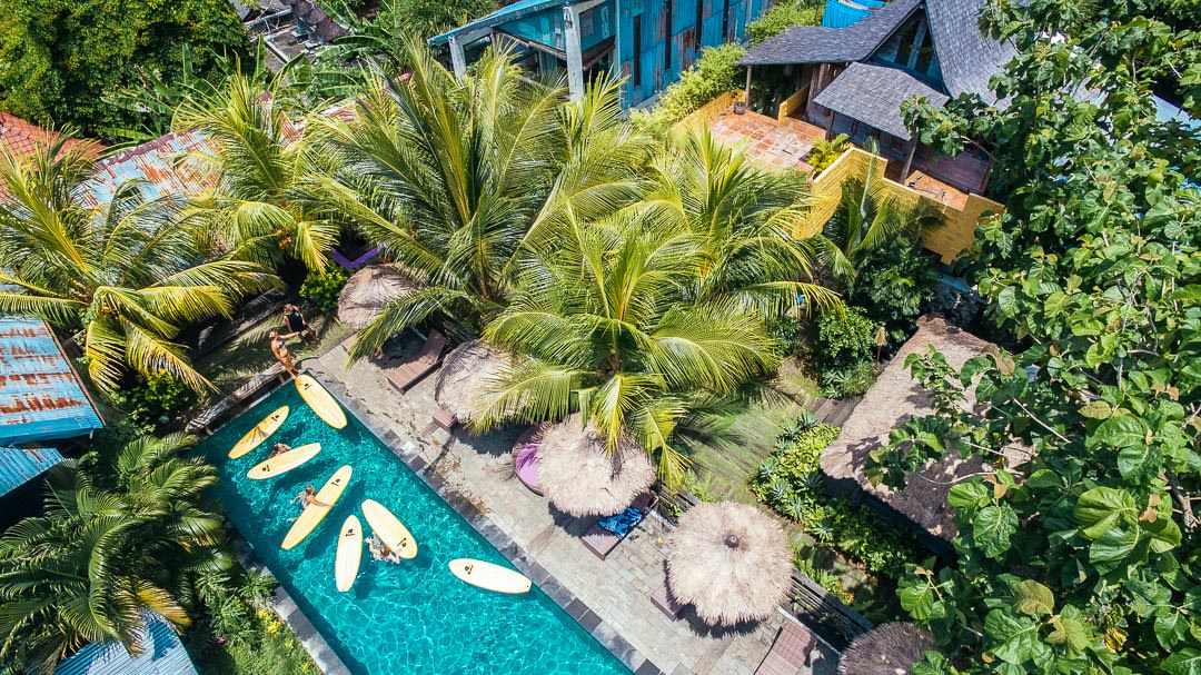 Drone view of the pool and of the Surfcamp