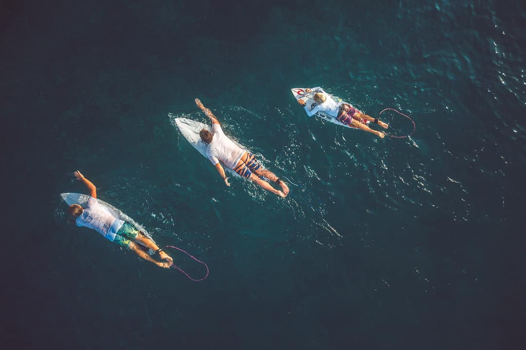 Group of surfers paddling towards wave aerial photo