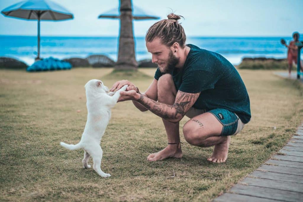 Guy who is styling like a surfer and playing with puppy