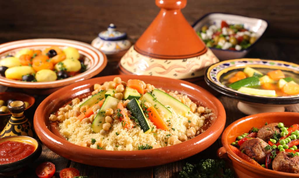 Plates of traditional Moroccan fare
