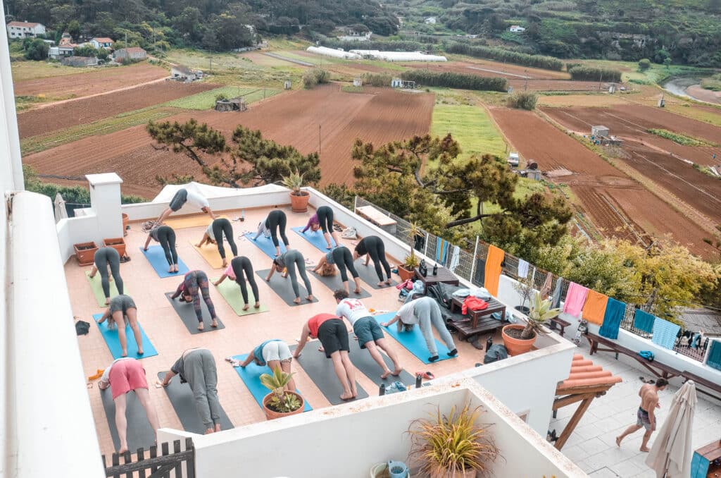 Group of people practicing the downward dog pose on a terrace.