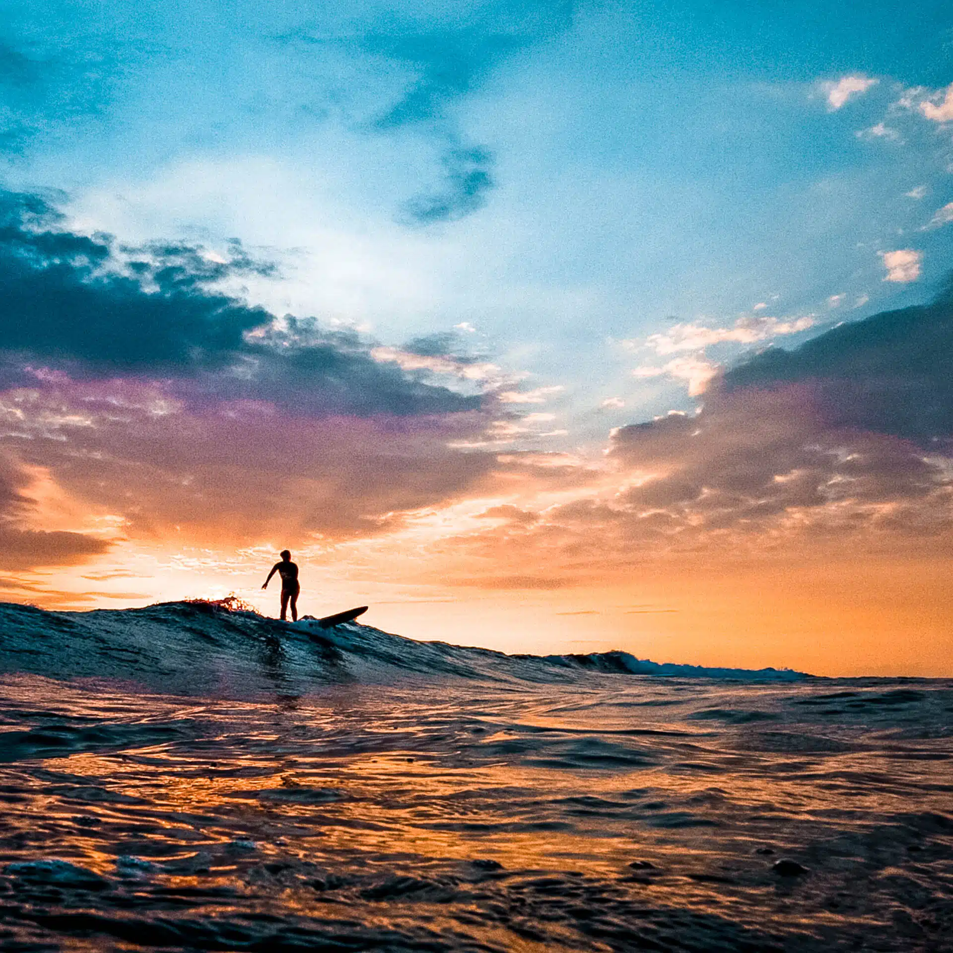 Surfer in the water beautiful sunset