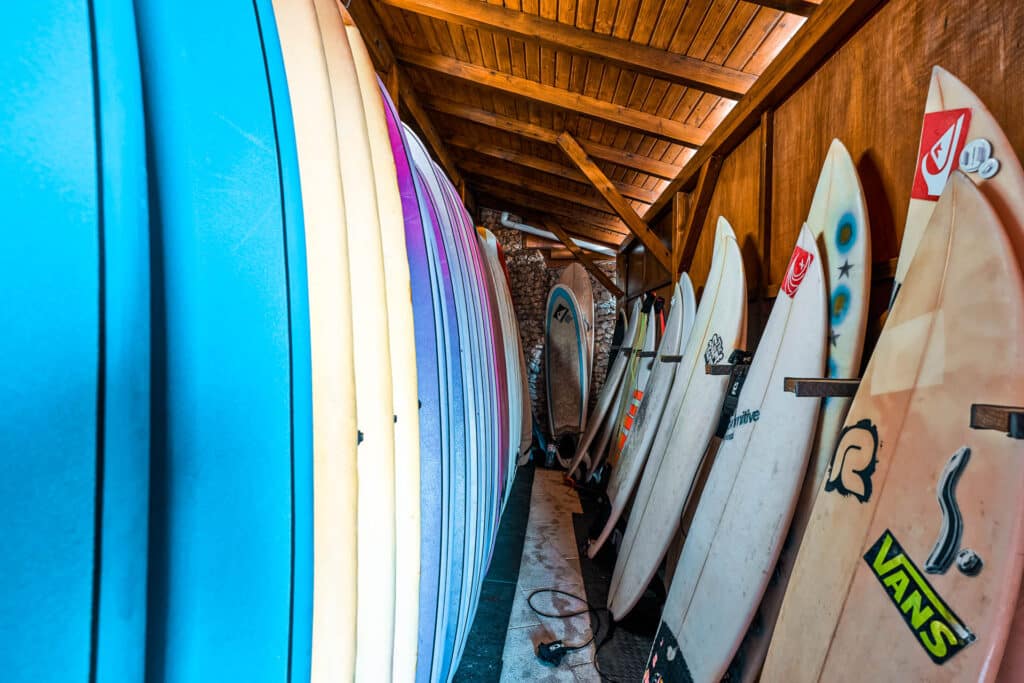 Surfboards lined up in a room.