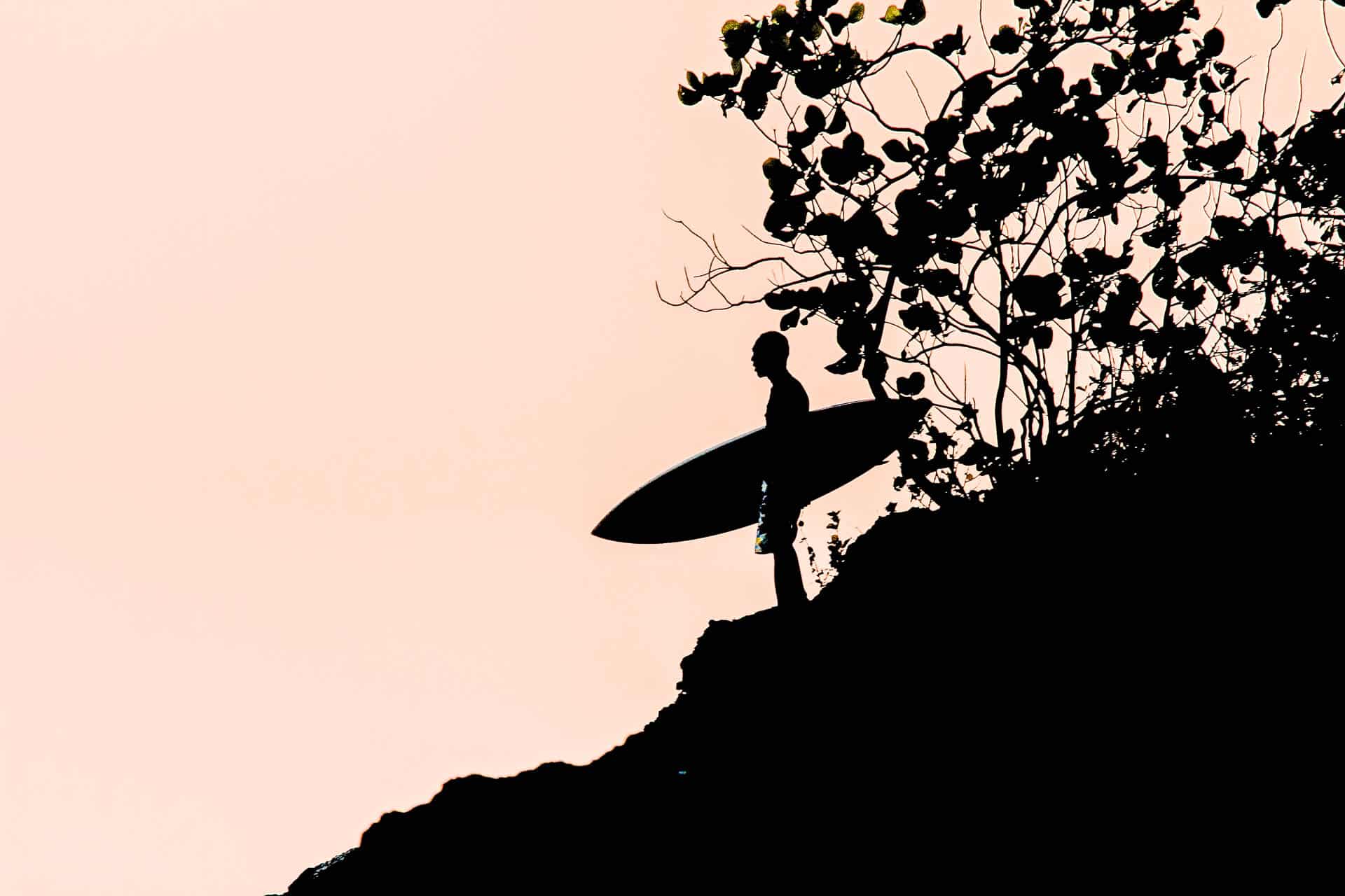 Silhoutte of person standing on a hill with a surfboard in hand